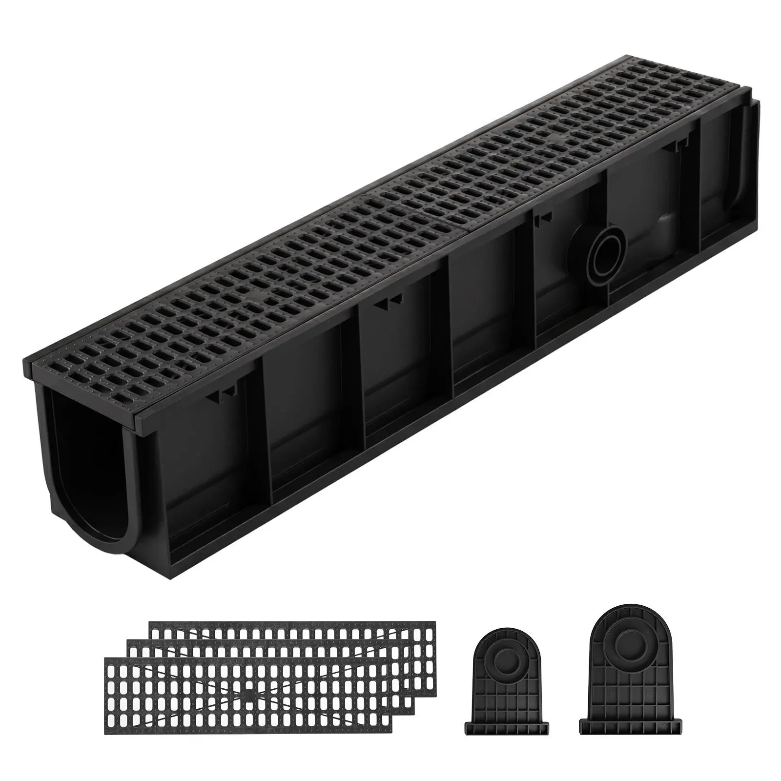 【Summerfinds】VEVOR Trench Drain, 40.1 x 6.1 x 8.0 in, 4 Pack Linear Drainage Channel, HDPE Channel Drain with Grates & End Caps, Premium Outdoor Drainage System for Driveway, Patio, Pool, Garden, Yard, Black