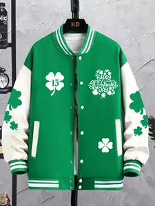 St Patrick's Day Gift Choice, Spring & Fall Campus Style Couple Varsity Long Sleeve Baseball Jacket, Geometric Pattern, Fitted