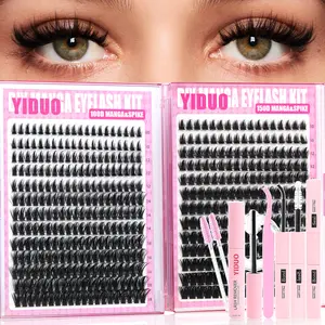 YIDUO Eyelash Cluster Kit 100D Manga&Spike and 150D Manga&Spike Wispy Lash Extensions Kit,  D-Curl 468 Pcs Eyelash Cluster Kit With Lash Bond and Seal Tweezers Remover Eyelash Brush DIY at Home Easily Eyelash Set