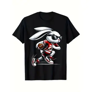 [Casual Style] Men's Easter Bunny Football T-Shirt - 100% Cotton, Casual Short-Sleeve Round Neck Tee, Black with Playful Rabbit Design, Perfect for Spring/Summer Outdoor Fun