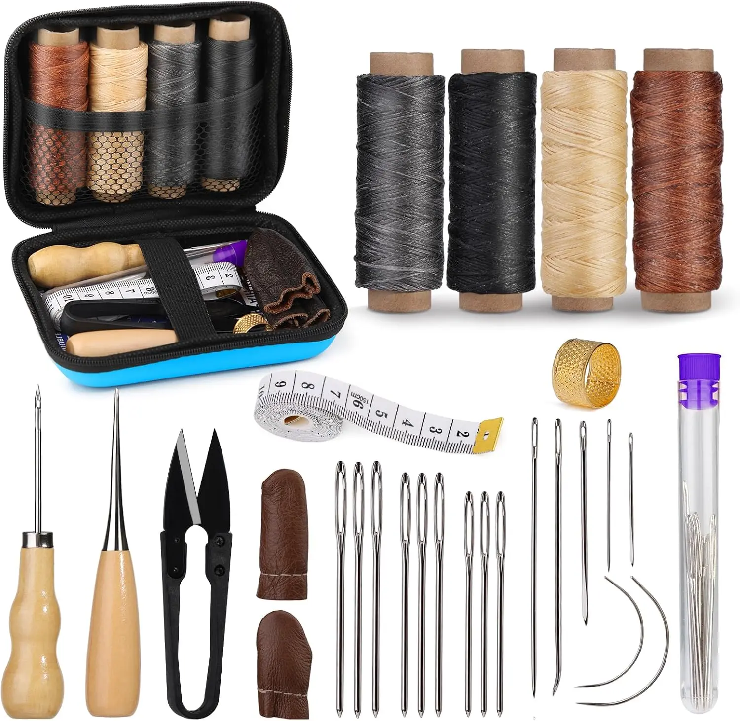 Leather Sewing Kit, Leather Stitching Kit with Sewing Awl, Needles, Waxed Thread, Upholstery Repair Kit, Heavy Duty Sewing Tools for Hand Stitching Car Seats, Sofa, Carpets, Shoes, DIY Craft