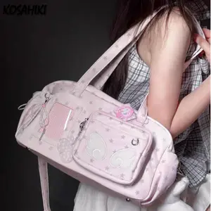 Sweet Wings Fashion Star Print Handbags Pink Transparent Kawaii Shoulder Bags All Match Y2k Aesthetic Chic Nylon Underarm Bag