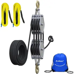 Block and Tackle 4400LBS Breaking Strength Heavy Duty Pulley Hoist, 65 Ft Rope, 7:1 Lifting Power, 2 Pcs 8 Ft Lift Sling (Black)