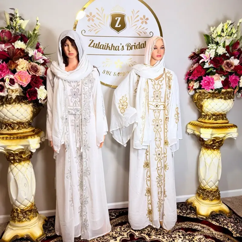 Handmade Beaded Crystal Kaftan Dress-White Silver