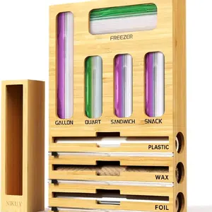 9 IN 1 Bamboo Foil and Plastic Wrap Organizer for Kitchen Drawer Plastic Bag