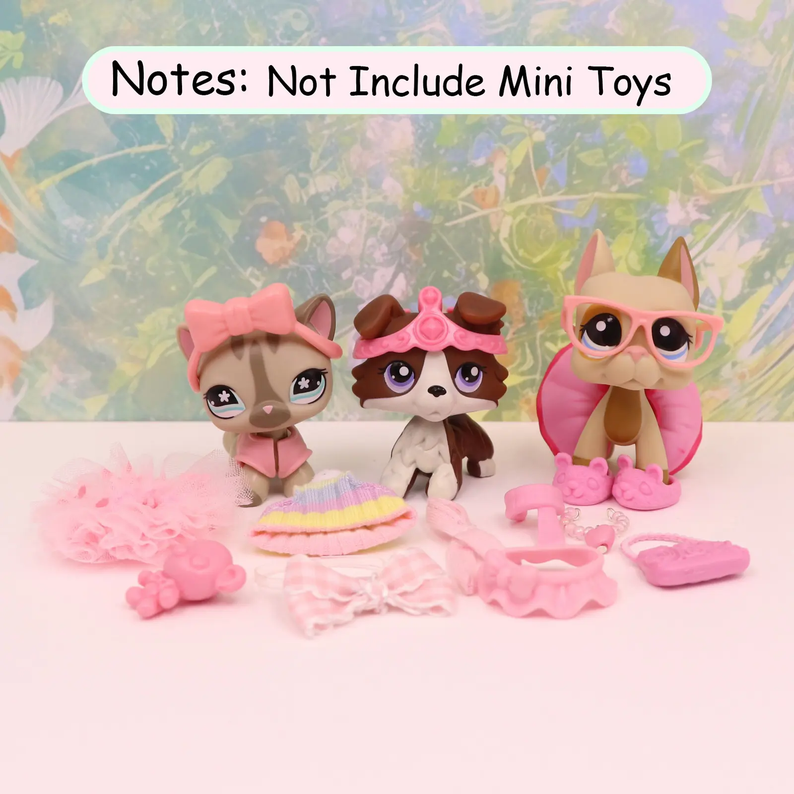 16 pcs Mini Tiny Animal Figure Pink Fashion Accessory Playset, Rainbow Knit Hat, Ruffle Skirt, Cat Slippers, Bow Headband, Tulle Scrunchie Glasses Handbag Heart Necklace Bear Ornament, Pretend Dress Up Toy Gift for Girls