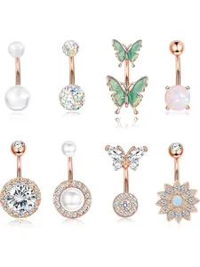 8PCS Belly Button Ring, Surgical Steel Belly Rings for Women Stainless Steel Opal Pearl Sparkling CZ Belly Piercing Jewelry Sunflower Butterfly Piercing Jewelry Rose Gold