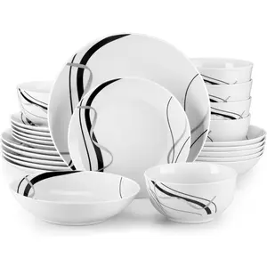 FIONA Porcelain Dinnerware Sets for 6 24 Pieces Plates and Bowls with Black and Grey Ribbon Lines Microwave and Dishwasher Safe Dining Ware Series FIONA