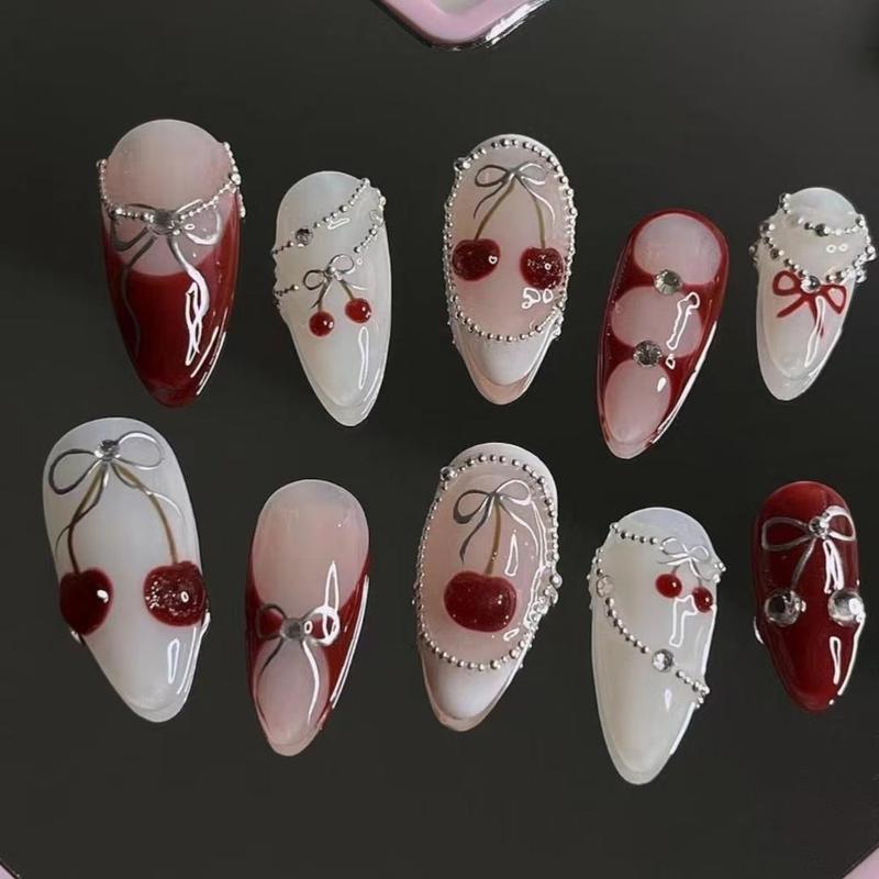 Cherry Bow Press On Nails Nail Box, white & blush almond set with 3D cherries, silver bow lines, rhinestone accents, reusable gel, fit for women, ideal Valentine gift