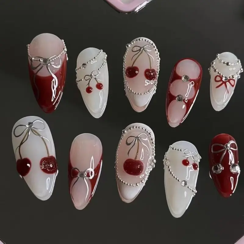 Cherry Bow Press On Nails Nail Box, white & blush almond set with 3D cherries, silver bow lines, rhinestone accents, reusable gel, fit for women, ideal Valentine gift