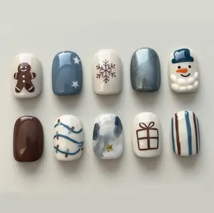 Christmas Press On Nails, Cute Winter Nail Set, Gingerbread Snowman Gift Design, Holiday Fake Nails Set, Short Square Nail Tips