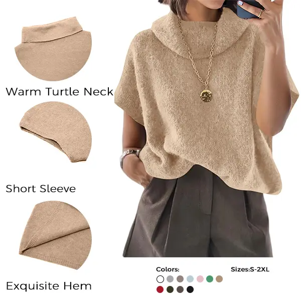 UNCLECAT Women's Knitwear Short-Sleeve Batwing Oversized Turtleneck Collared Knit Pullover - Casual Basic Lightweight Loose Slouchy Clothes Womenswear, Shortsleeve, Polyester, Acrylic, Knit Tops, Collared Knit Clothing, Party