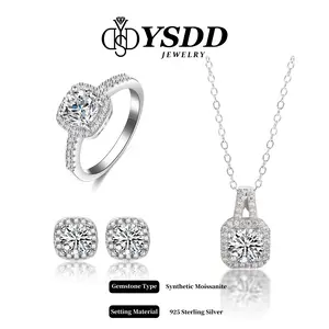 【#13】 1Carat Square Halo Ring,Necklace and Earring Gift Set in 925 Sterling Silver Synthetic Moissanite