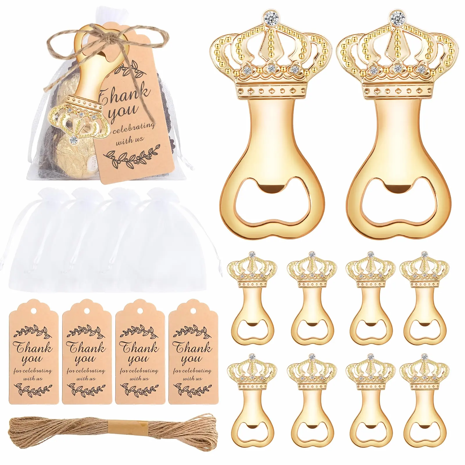 31pcs 10-set Crown Bottle Opener, Suitable as a Gift for Wedding Guests, Includes Organza Bag, Thank You Tag, and Twine. Ideal for Children's Parties, Birthday Decorations, Bridal Favors, and Return Gifts. Perfect for Kitchen and Bar Use