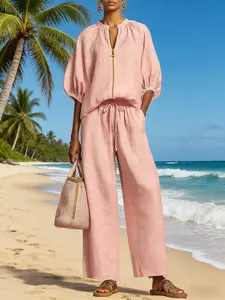 2026 Women's Casual 2 Piece Outfit Half Zip Sweatshirt & High Waisted Wide Leg Pants Lounge Set Y2K Matching Tracksuit Airport Travel Wear