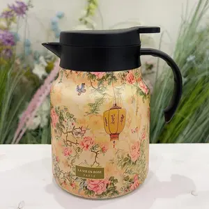 Floral Pattern Insulated Tea Pot, 1000ML Large Capacity Stainless Steel Tea Pot with Tea Filter, Camping Kitchenware for Home Office, Travel, Gift, Perfect Teapot