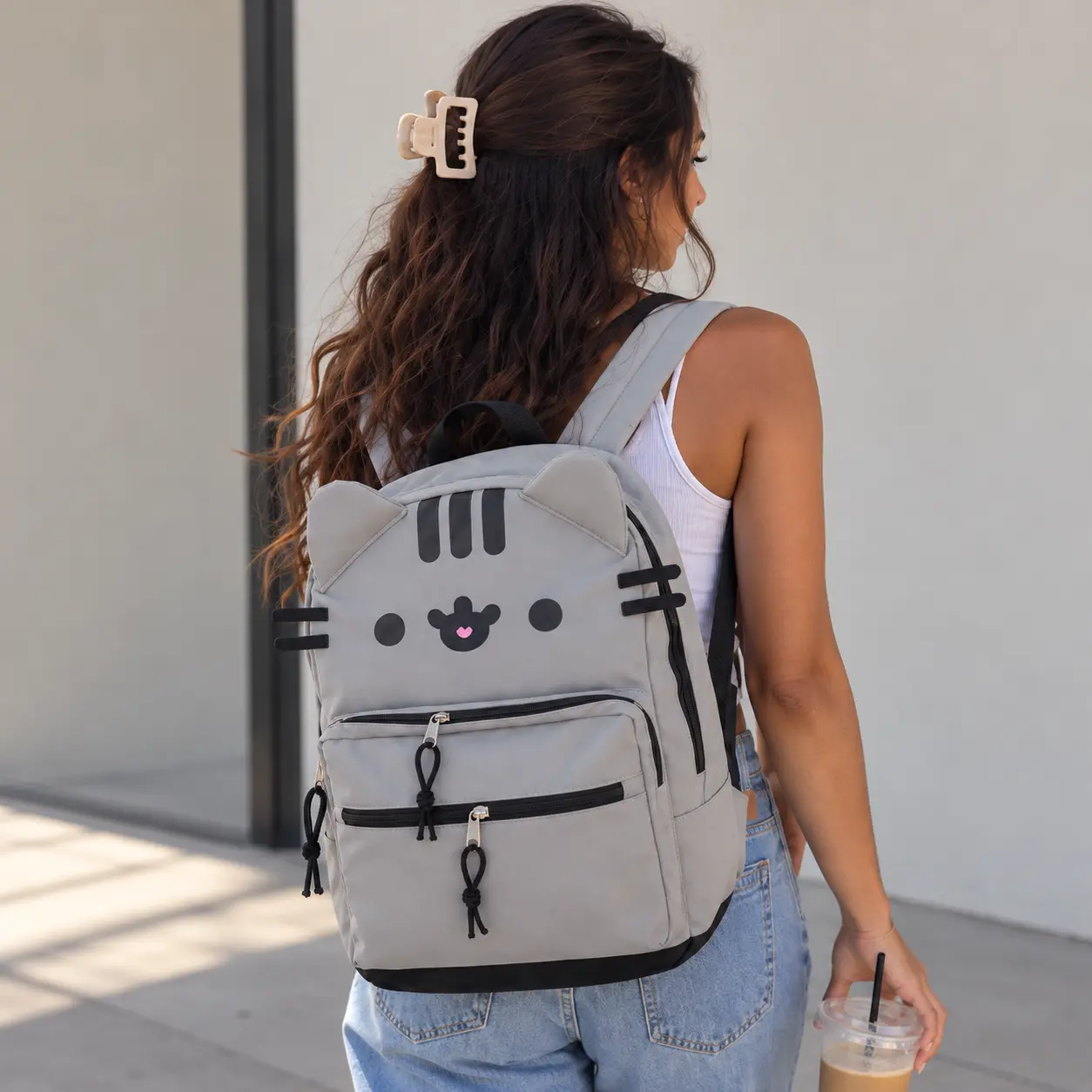 Unisex Cute Animal Pangji Cat Bear Pattern Canvas Backpacks for Women, Large Storage Gym Bag with Main Compartment, High-Capacity for School & Travel Daily Use