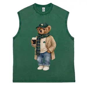 Unisex “Lucky Teddy Bear ”Vintage Shamrock Washed Vest，St. Patrick’s Day  Vest，Retro Print Sleeveless  Vest, Perfect Boyfriend Gift