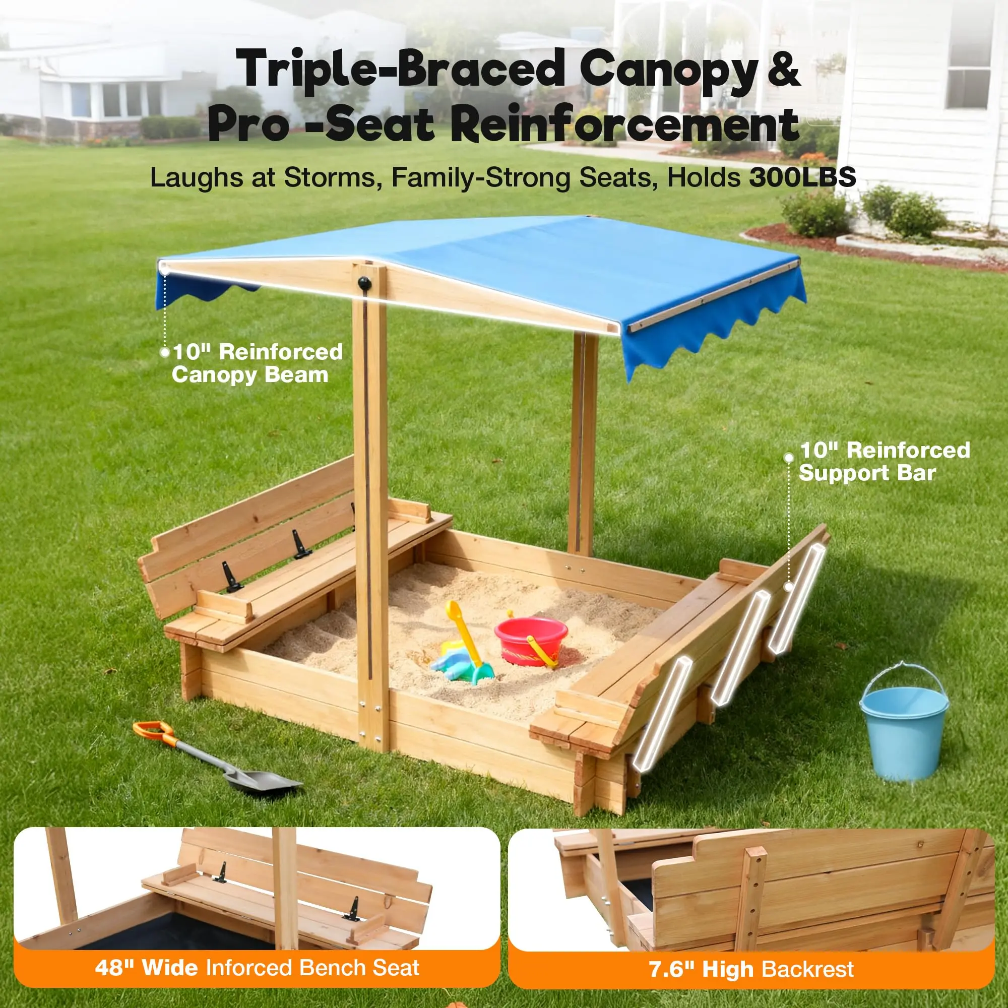 FUNTOK 48''x48'' Kids Sandbox with Lid, Wooden Sand Box with