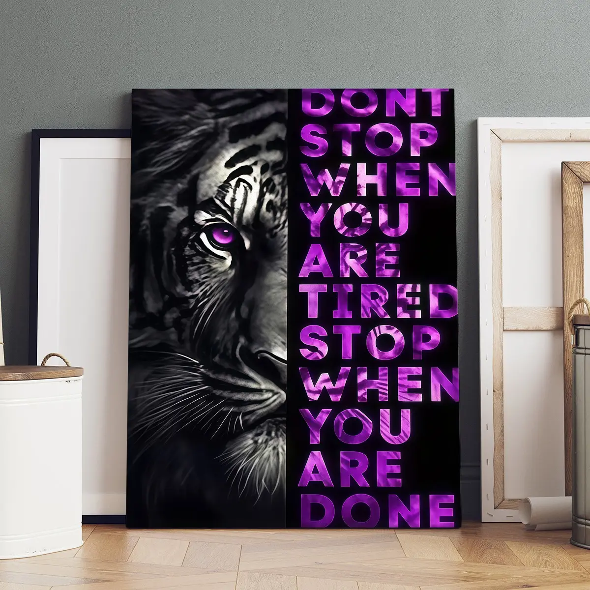 1 count wooden frame canvas, Animal print, purple black tiger inspirational slogan decoration poster, home wall decor, modern home decor, exquisite gifts