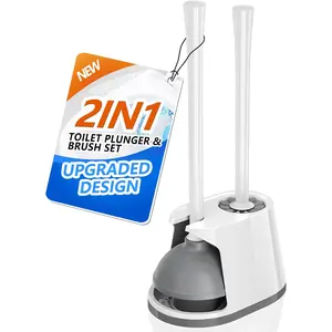 Toilet Plunger and Brush Set, Bowl Brush and Heavy Duty Toilet Plunger with Ventilated Holder, 2-In-1 Toilet Brush and Plunger Combo for 5.3-Inch Toilet Drain Bathroom Deeply Cleaning(White & Grey) TRENTI