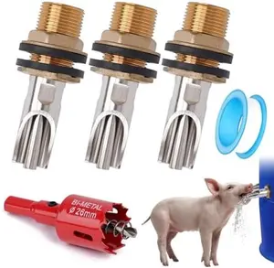 3PCS Pig Nipple Waterer for Barrel Kit Stainless Steel Pig Drinker Feeder with Brass Water Tank Connector Kit Automatic Pig Waterer System for Hog Goat Sows Piglets (3 Pig Drinker)
