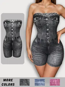 Women's Denim-effect Print Tube Romper, Casual Strapless Skinny Romper for Daily Outdoor Wear, Ladies Clothes for Summer