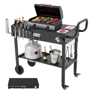 Outdoor Grill Cart 31.0 X 17.0 Inch Tabletop Size Foldable Outdoor Cooking Table With Tissue Holder Wheels Magnetic Tool Rack BBQ Prep Table For Picnic Kitchen Courtyard Backyard Patio