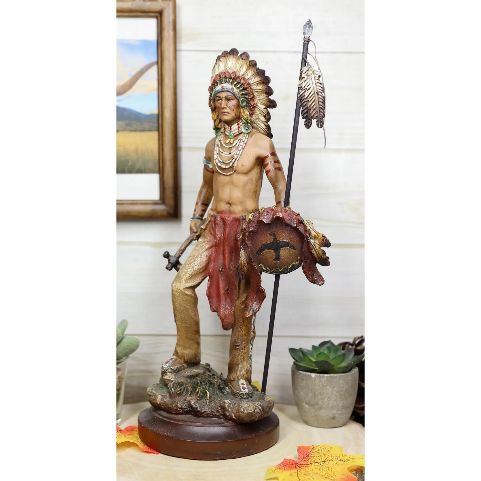 Native American Indian Warrior Chief With Eagle Roach Spear And Axe Figurine