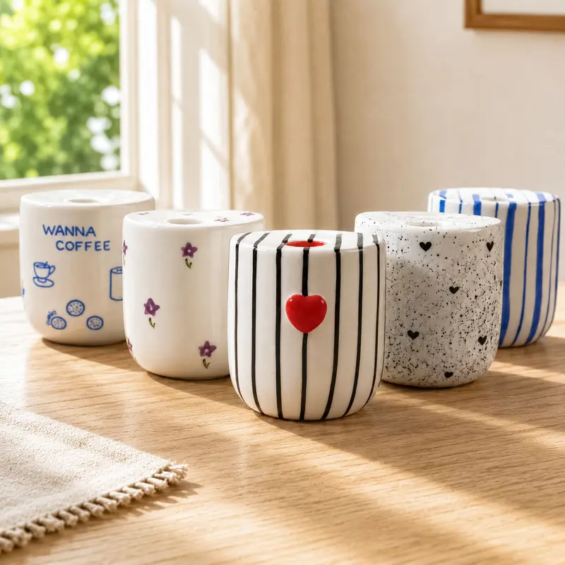 10oz Artisan Crafted Geometric Ceramic Coffee Mug - Glossy, Lead-Free Glaze, Handmade Reusable Travel Drink Tumbler with Lid, High-Temperature Safe, Washable, Dishwasher & Microwave Safe, Ideal for Everyday Use, Gifts for Women