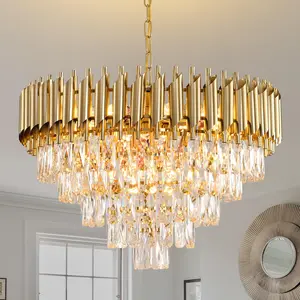 Modern Gold Crystal Chandelier, Dimmable Ceiling Hanging 5-Tier 23.6-Inch E12 Crystal Chandelier for Corridor/Dining Room/Bedroom/Living Room