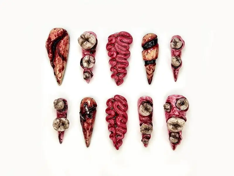 Gothic Gore Tooth Press On Nails | 3D Teeth & Flesh Horror Nail Art | Distorted Creepy Halloween Set | Bloody Anatomical Design | HB1042EC Nail Art Kit Nail Box sohochic