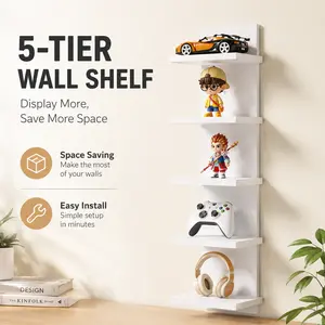 5 Tier Wall Shelf Unit, White Floating Wall Shelves, Vertical Wall Organizer for Bedroom, Living Room & Home Decor
