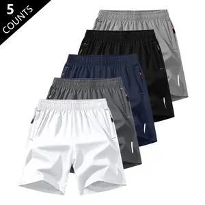 Men's Tropical Khaki Solid  Zipper Pocket Shorts - Summer Casual Comfortable Breathable Three-Quarter Pants, 5-Pack Menswear Stylish Trouser shorts men football badminton basketball quick drying
