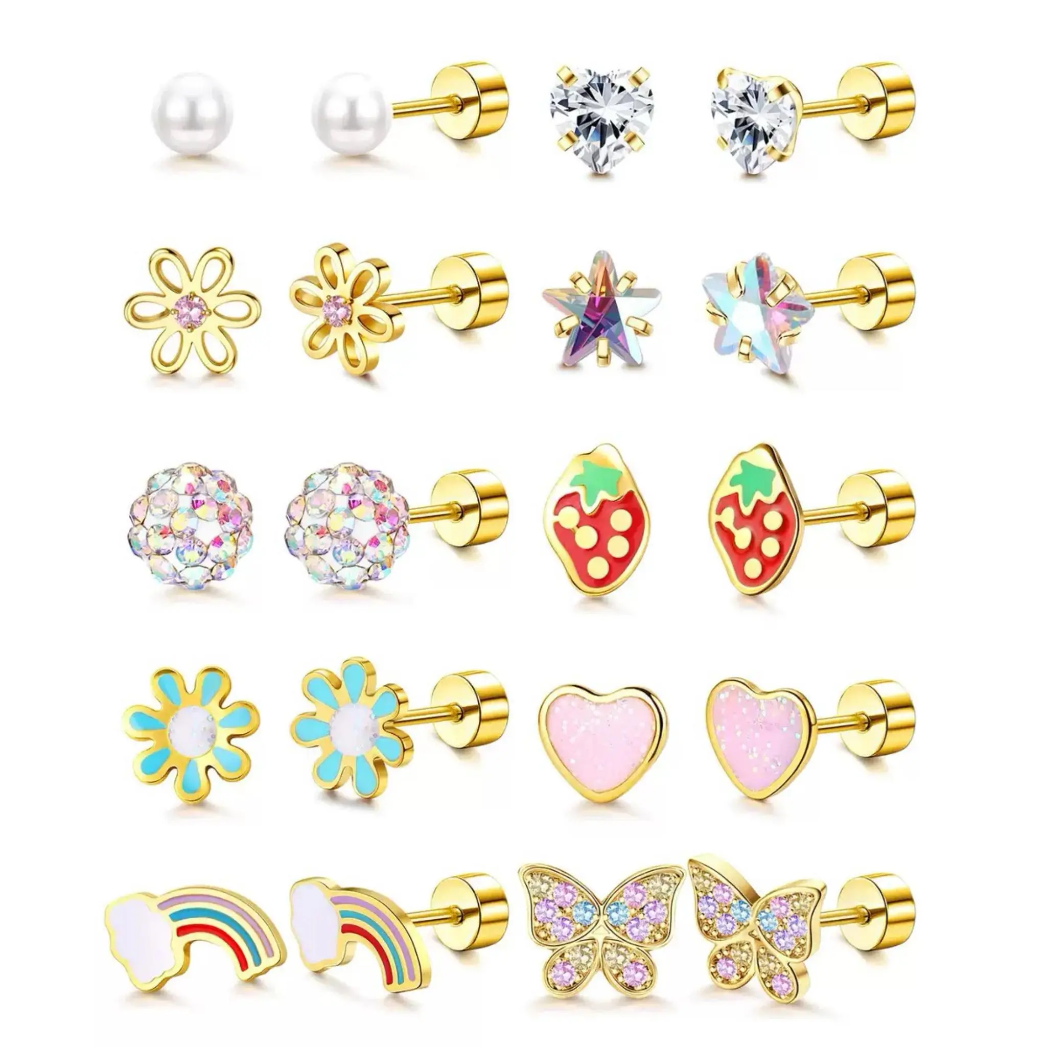 Rotunoe Hypoallergenic Flat Back Earrings for Girls Kids Toddler Women 10 Pair Surgical Stainless Steel Screw Back Stud Earrings for Sensitive Ears Cute Flower Butterfly Stud Earring Screwback Girl Earrings Toddler Jewelry age：over 4 years old