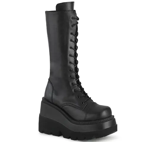 Demonia Shaker-72 Women's Classic Black Vegan Leather Platform Heel Mid-Calf Lace-Up Boot - Casual All Seasons Women's Footwear