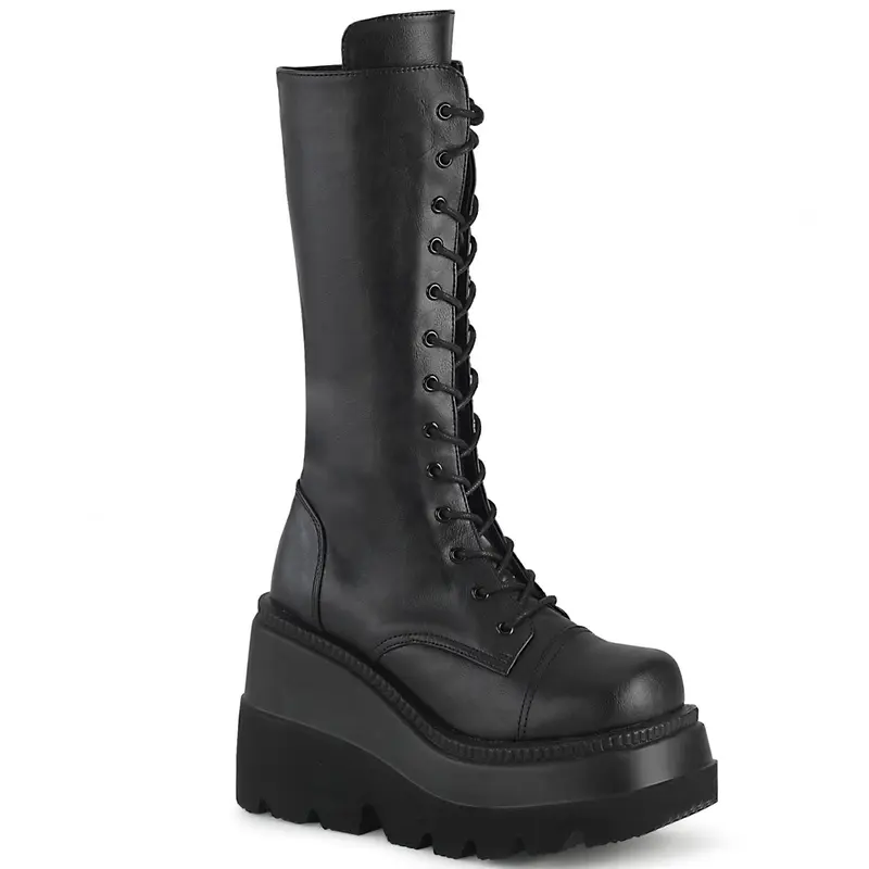 Demonia Shaker-72 Women's Classic Black Vegan Leather Platform Heel Mid-Calf Lace-Up Boot - Casual All Seasons Women's Footwear