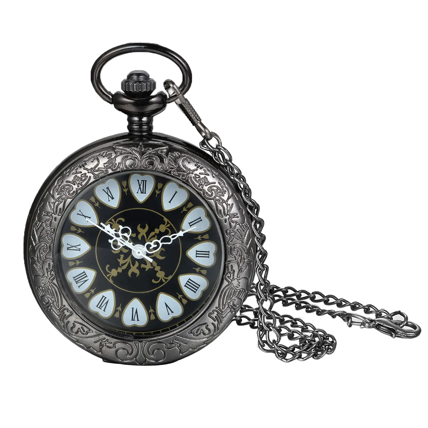 OIDEA Vintage Steampunk Pocket Watch with See-Through Flip Lid, Engraved Alloy Body with Black Roman Numeral Dial, Quartz Movement for Collectibles, Includes 14.1-in Fob Chain, Transparent Lid, Roman Numerals, Collectible Gift