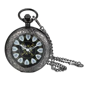 OIDEA Vintage Engraved Transparent Flip Cover Roman Numeral Quartz Pocket Watch Fob Chain Black Dial Alloy