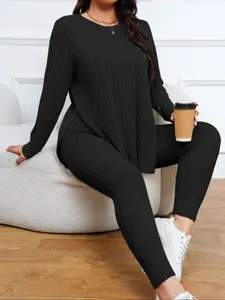 2/4 Piece Set Plus Solid Ribbed Knit Split Hem Tee & High Waist Pants Set, Casual Long Sleeve Round Neck Top & Skinny Trousers for Daily Outdoor Wear for Fall, Plus Size Clothing, Women's Outfits for Fall, Underwear, Fall Outfits