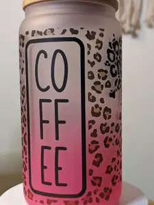 Coffee and Animal Print Sublimated 16oz frosted beer can glass with Bamboo Lid and  Reusable Straw Drink Drinkware Beverage