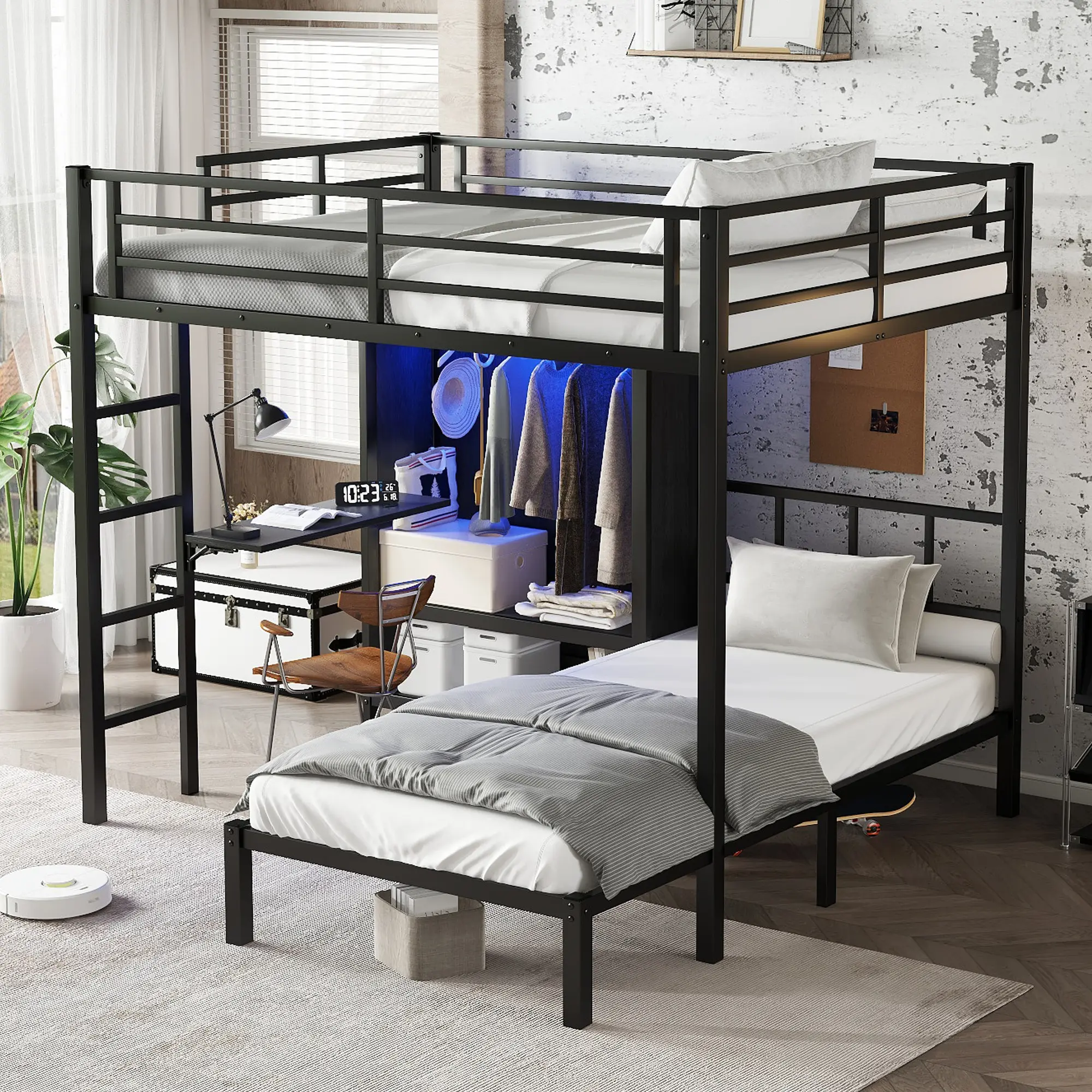 Eyisean Full XL Over Twin Metal Bunk Bed - Heavy Duty Frame with Guardrails, Ladder, Folding Desk, Space-Saving LED-Lit Wardrobe, Noise-Reduced, No Box Spring Needed for Bedroom, Dorm (light up your space)