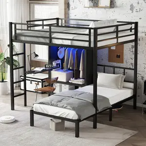 Eyisean Full XL Over Twin Size Metal Bunk Bed, Heavy Duty Bed Frame with Guardrails & Ladder, Folding Desk, Space-Saving Wardrobe with LED Light, Noise Reduced, No Box Spring Needed for Bedroom, Dorm, Apartment