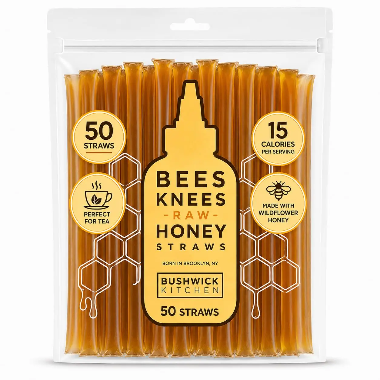 Bees Knees Raw Honey Sticks, 50 Count - Made with Wildflower Honey, Perfect for Tea, 15 Calories Per Serving - Unfiltered, Unprocessed, Undeniably Delicious, Bulk Single Serve Honey Straws