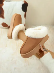 Women's Fashionable Fleece Lined Thick Sole Half Slippers, Plush Turn-Over Edge, One-Piece Design, Fall Winter Home/wear Jeans Footwear