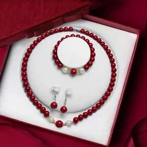 Vintage Red Cinnabar Pearl Beaded Jewelry Set, New Chinese Style Good Luck Necklace Bracelet Earrings Gift for Her