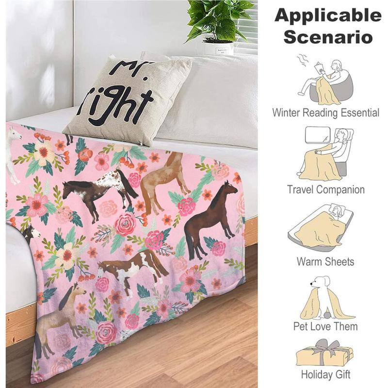 Horse Lovers Flannel Throw Blanket, Western Print, Soft Cozy Gift for Girls, Pink   Bedroom Couch   Holiday Travel Outdoor Decor, Birthday Present