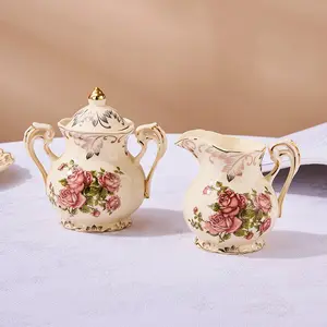 European Ceramic Sugar Bowl Milk Jug Set, Elegant Coffee Kettle with Floral Pattern and Trim, Vintage Creamer for Café and Home Decor