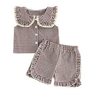 Toddler Baby Girls Two Piece Gingham Outfit Peter Pan Collar Sleeveless Button Down Vest Tanks Tops Ruffled Shorts Summer Clothes