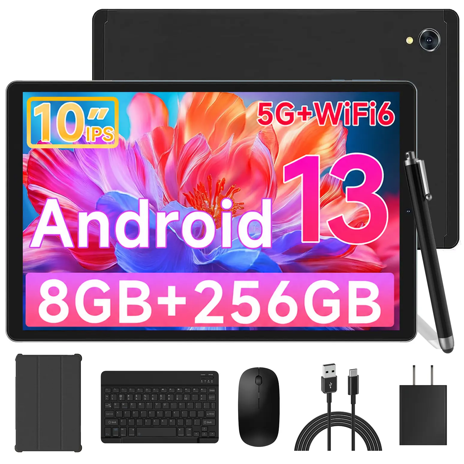 POWMUS 10.4" Android 13 Tablet PC with Keyboard Mouse, Stylus, 2-in-1 for Work Study Back to School, 8GB RAM 256GB ROM + 1TB Expandable, 8-Core, 1920x1200 FHD 120Hz Display, 10000mAh Battery, GPS